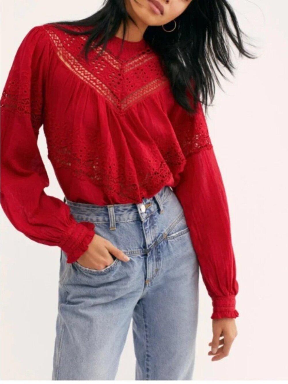 ☀️ Free People Abigail Victorian Lace Eyelet Blouse Red XS